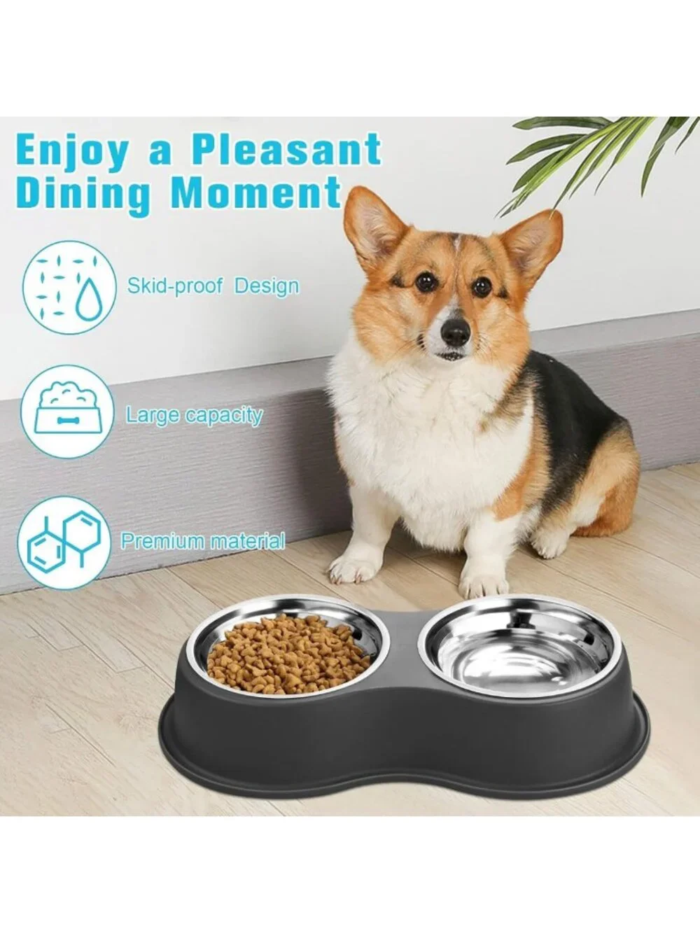 Double Dog Bowls Set - Stainless Steel Non-Slip Pet Feeder for Dogs & Cats